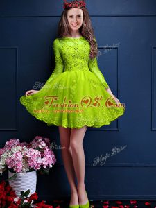 Yellow Green Lace Up Wedding Guest Dresses Beading and Lace and Appliques 3 4 Length Sleeve Mini Length