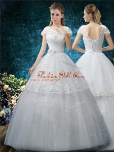Best Selling Floor Length Lace Up Wedding Gowns White for Wedding Party with Embroidery