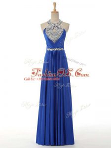 Extravagant Beading and Ruching Going Out Dresses Royal Blue Zipper Sleeveless Floor Length