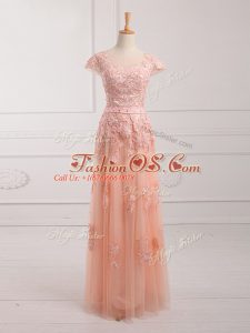 Peach Empire Scoop Cap Sleeves Tulle Floor Length Lace Up Lace and Appliques and Belt Mother Of The Bride Dress