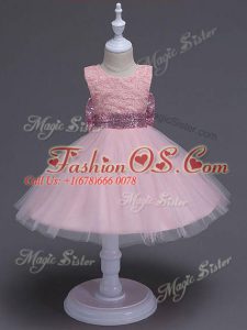 Modern Sleeveless Knee Length Lace and Bowknot Zipper Little Girl Pageant Gowns with Baby Pink
