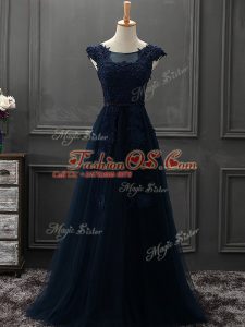 Appliques Dress for Prom Navy Blue Lace Up Sleeveless Floor Length