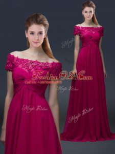 Edgy Fuchsia Lace Up Off The Shoulder Appliques Mother Of The Bride Dress Chiffon Short Sleeves