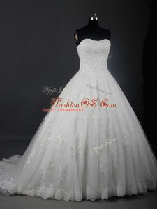 White Ball Gowns Tulle Strapless Sleeveless Beading and Lace Lace Up Wedding Dresses Brush Train