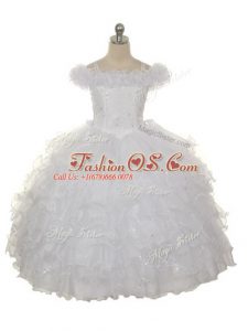 White Organza Lace Up Pageant Gowns For Girls Sleeveless Floor Length Ruffles and Ruffled Layers