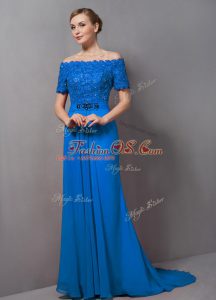 Off The Shoulder Short Sleeves Sweep Train Zipper Mother Of The Bride Dress Blue Chiffon