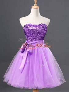 Lavender Sleeveless Mini Length Sashes ribbons and Sequins Zipper Club Wear