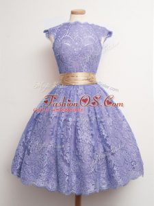 Fine Cap Sleeves Lace Knee Length Lace Up Bridesmaids Dress in Lavender with Belt