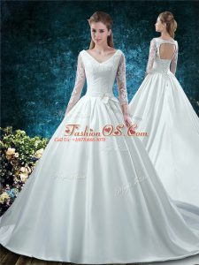 Shining White Ball Gowns Satin V-neck 3 4 Length Sleeve Lace and Belt Lace Up Wedding Dresses Chapel Train