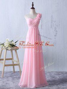 Baby Pink Chiffon Zipper Bridesmaid Dresses Sleeveless Floor Length Ruffles and Ruching