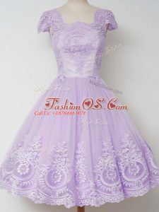 Amazing Lavender Tulle Zipper Bridesmaid Gown Cap Sleeves Knee Length Lace