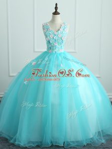 Noble Aqua Blue Ball Gowns Appliques Sweet 16 Quinceanera Dress Lace Up Organza Sleeveless Floor Length