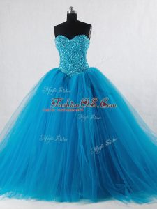 Wonderful Sleeveless Tulle Floor Length Lace Up Ball Gown Prom Dress in Baby Blue with Beading