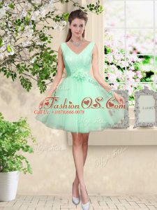 Suitable Apple Green Tulle Lace Up V-neck Sleeveless Knee Length Wedding Party Dress Lace and Belt
