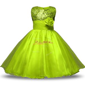 Chic Scoop Sleeveless Organza and Sequined Flower Girl Dress Bowknot and Belt and Hand Made Flower Zipper