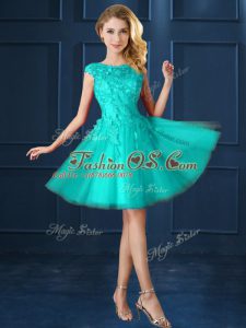 Tulle Cap Sleeves Knee Length Vestidos de Damas and Lace and Belt