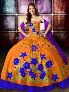 Orange Red Vestidos de Quinceanera Military Ball and Sweet 16 and Quinceanera with Embroidery Strapless Sleeveless Lace Up