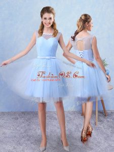 Noble Tulle Sleeveless Knee Length Dama Dress for Quinceanera and Ruching and Belt