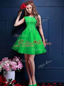 Custom Made Green A-line Tulle Bateau Sleeveless Beading and Lace Knee Length Lace Up Bridesmaid Gown