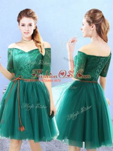 Fine Green A-line Tulle Off The Shoulder Half Sleeves Lace Knee Length Lace Up Bridesmaids Dress