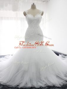 Suitable White Backless Straps Beading and Ruffles Wedding Dress Tulle Sleeveless Court Train
