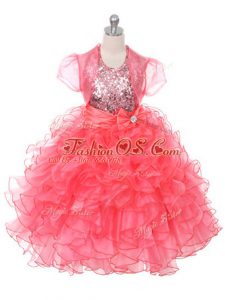 Beautiful Floor Length Ball Gowns Sleeveless Coral Red Kids Pageant Dress Lace Up