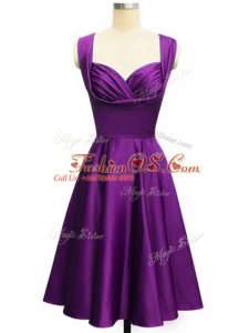 Glittering Eggplant Purple Sleeveless Ruching Knee Length Wedding Party Dress