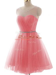 Mini Length Watermelon Red Prom Gown Tulle Sleeveless Ruching