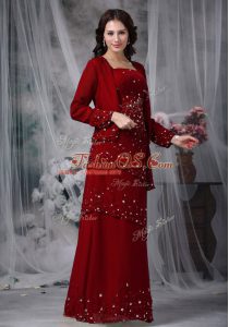 Straps Sleeveless Mother Of The Bride Dress Floor Length Beading Wine Red Chiffon