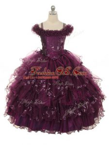Burgundy Ball Gowns Off The Shoulder Sleeveless Organza Floor Length Lace Up Ruffles and Ruffled Layers Little Girls Pageant Dress Wholesale