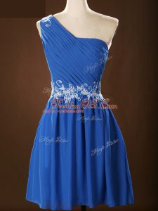 Blue Sleeveless Mini Length Appliques and Ruching Zipper Quinceanera Court Dresses