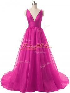 Fine Organza V-neck Sleeveless Brush Train Backless Ruching Ball Gown Prom Dress in Fuchsia