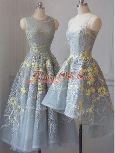 Perfect Scoop Sleeveless Criss Cross Quinceanera Court of Honor Dress Grey Tulle