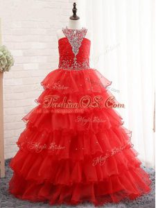 Red Lace Up Halter Top Beading and Ruffled Layers Little Girls Pageant Gowns Organza Sleeveless