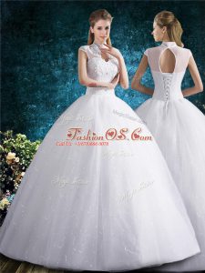 Traditional High-neck Sleeveless Tulle Bridal Gown Beading and Embroidery Lace Up
