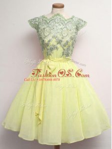 Colorful Chiffon Cap Sleeves Knee Length Quinceanera Court Dresses and Lace and Belt