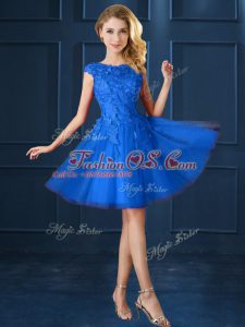 Charming Blue Bateau Neckline Lace and Belt Bridesmaid Gown Cap Sleeves Lace Up