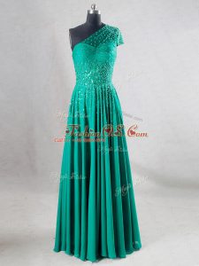 Sleeveless Chiffon Floor Length Backless Teens Party Dress in Turquoise with Beading and Pleated