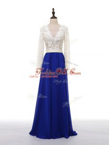 Long Sleeves Chiffon Floor Length Zipper Mother Of The Bride Dress in Blue And White with Lace and Appliques