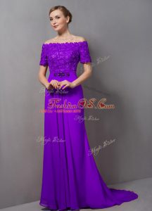 Empire Short Sleeves Eggplant Purple Mother Of The Bride Dress Sweep Train Zipper