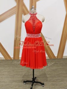 Halter Top Sleeveless Zipper Party Dress Coral Red Chiffon