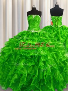 High Class Green Sleeveless Organza Lace Up Quinceanera Gown for Military Ball and Sweet 16 and Quinceanera