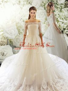 Clearance White Wedding Dresses Tulle Court Train Half Sleeves Lace
