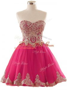 Excellent Hot Pink Tulle Lace Up Prom Dress Sleeveless Mini Length Appliques
