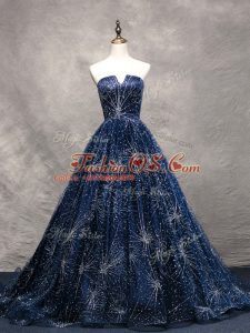 Tulle Sleeveless Red Carpet Prom Dress Brush Train and Beading