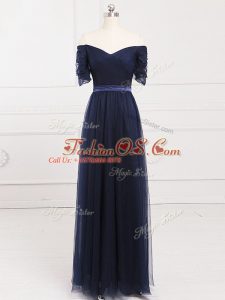 Navy Blue Short Sleeves Floor Length Ruching Lace Up Bridesmaid Dress