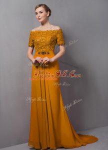 Gold Chiffon Zipper Off The Shoulder Short Sleeves Mother Of The Bride Dress Sweep Train Lace