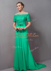 Flare Short Sleeves Chiffon Sweep Train Zipper Mother Of The Bride Dress in Green with Lace