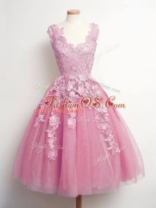 Modern A-line Wedding Party Dress Pink V-neck Tulle Sleeveless Knee Length Lace Up