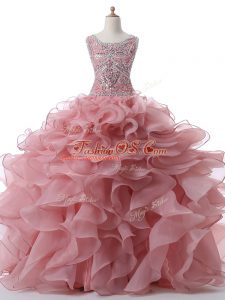 Superior Pink Quinceanera Gowns Military Ball and Sweet 16 and Quinceanera with Beading and Ruffles Scoop Sleeveless Zipper